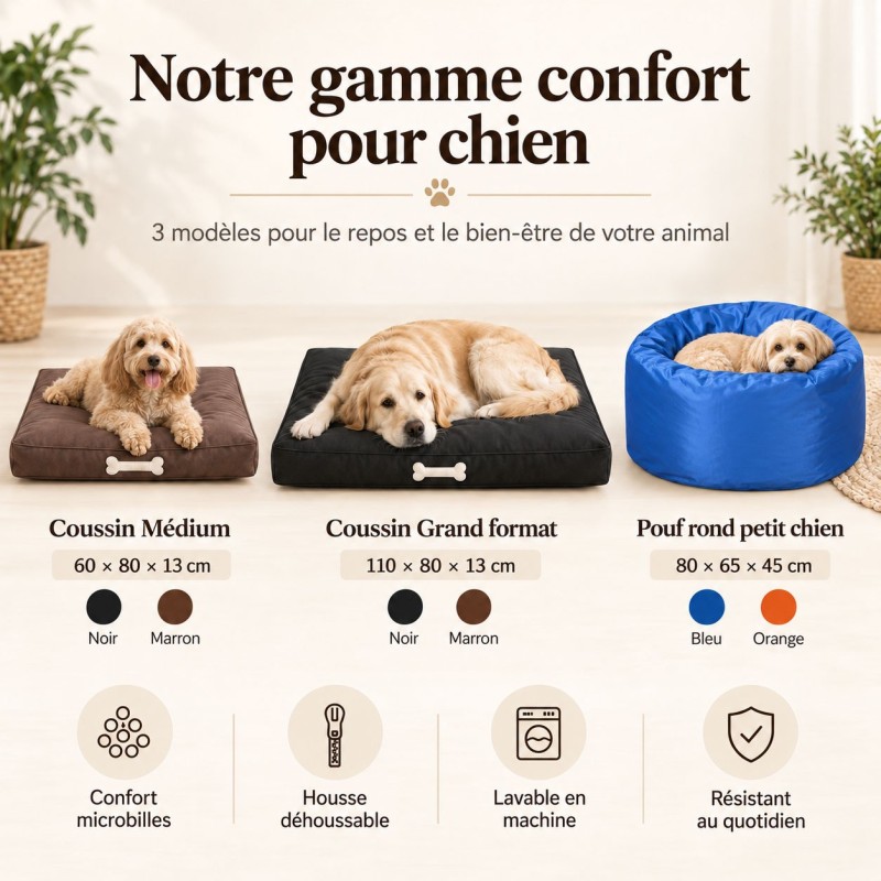 Gamme confort pour chien BIGBAO : coussin Médium, Grand format et pouf rond